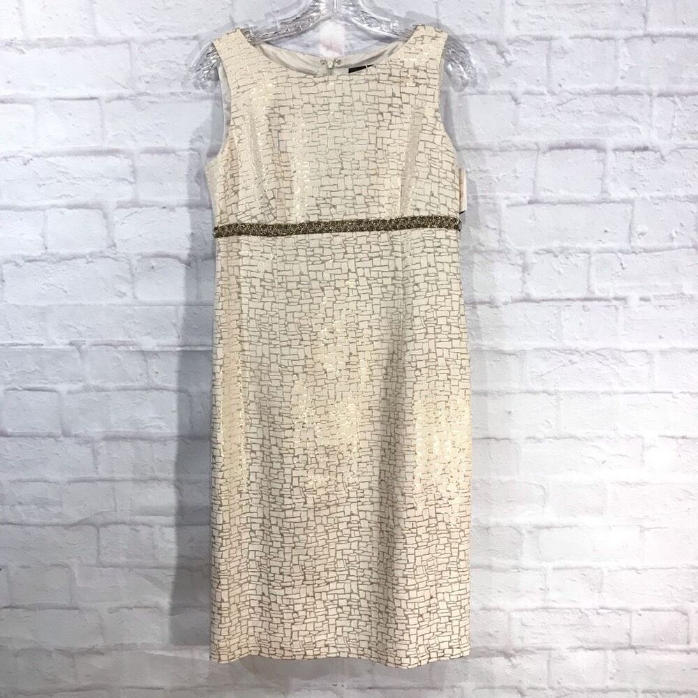 $150 New Nipon Boutique Shift Cocktail Dress Gold Ivory Metallic Beaded Waist 6